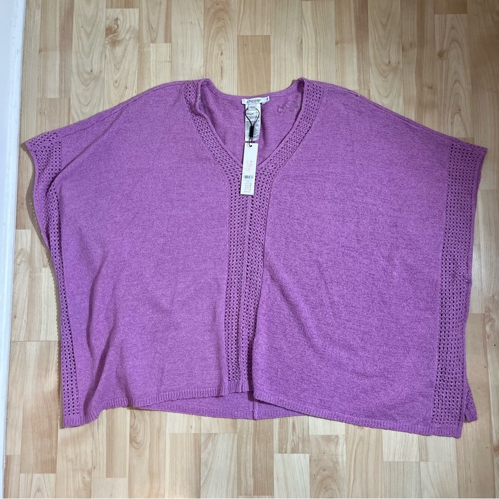 Chicos Womens New‎ With Tags Linear Open Stitch Poncho In Lavender Skies S/M